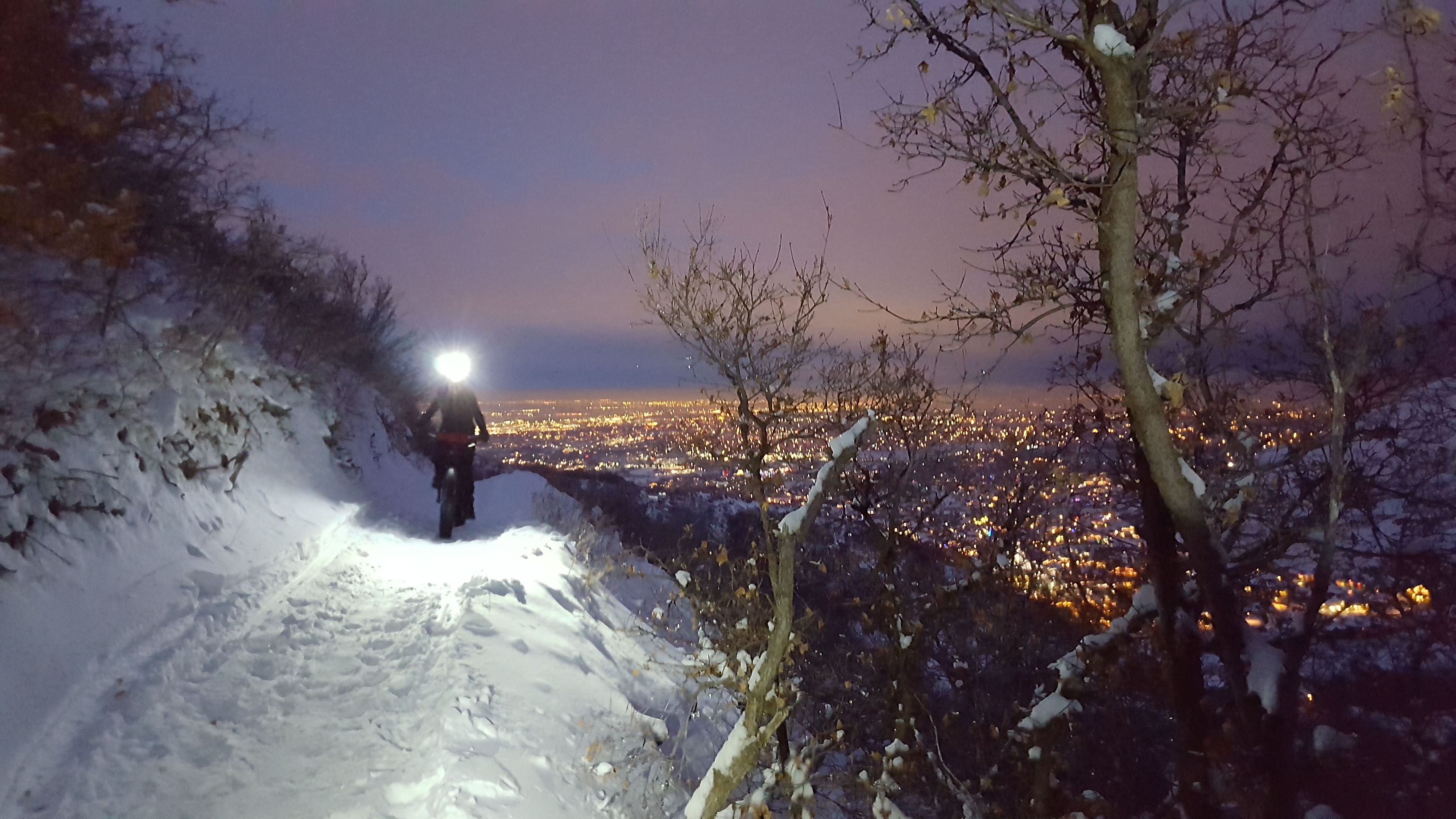 Riding a fat bike in the snow at night